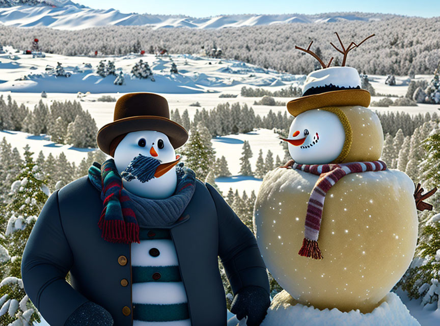 Winter Scene: Animated Snowmen in Snowy Landscape