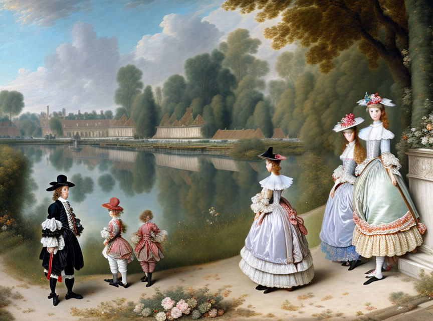 18th Century Figures Strolling by Pond in Tranquil Garden