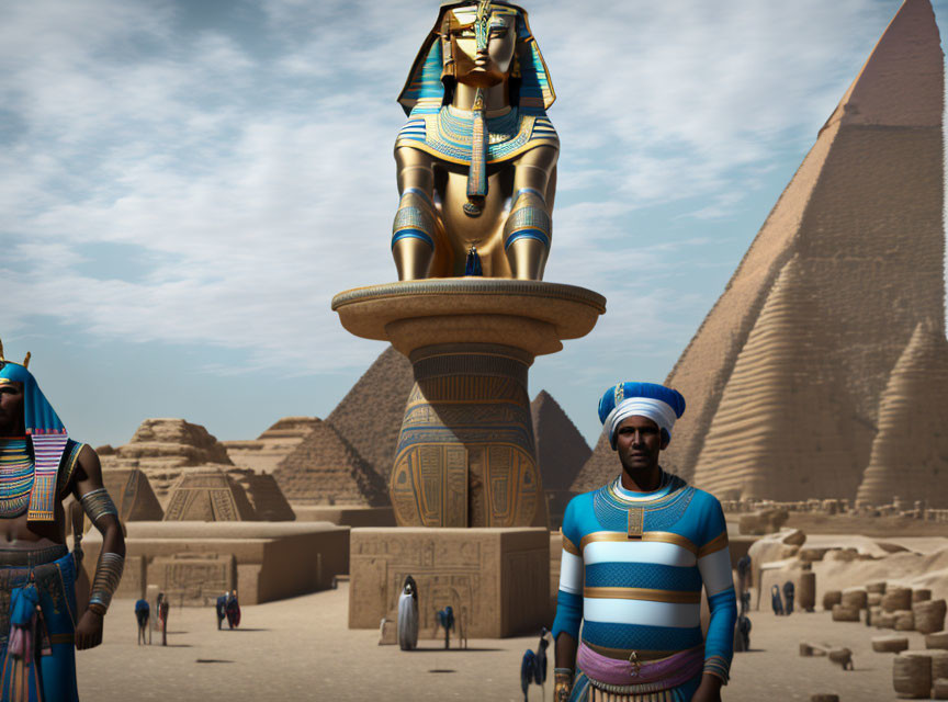 Digital rendering of ancient Egypt with traditional attire, grand statue, and pyramids.