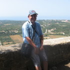 Seated marble statue with panoramic view from high point