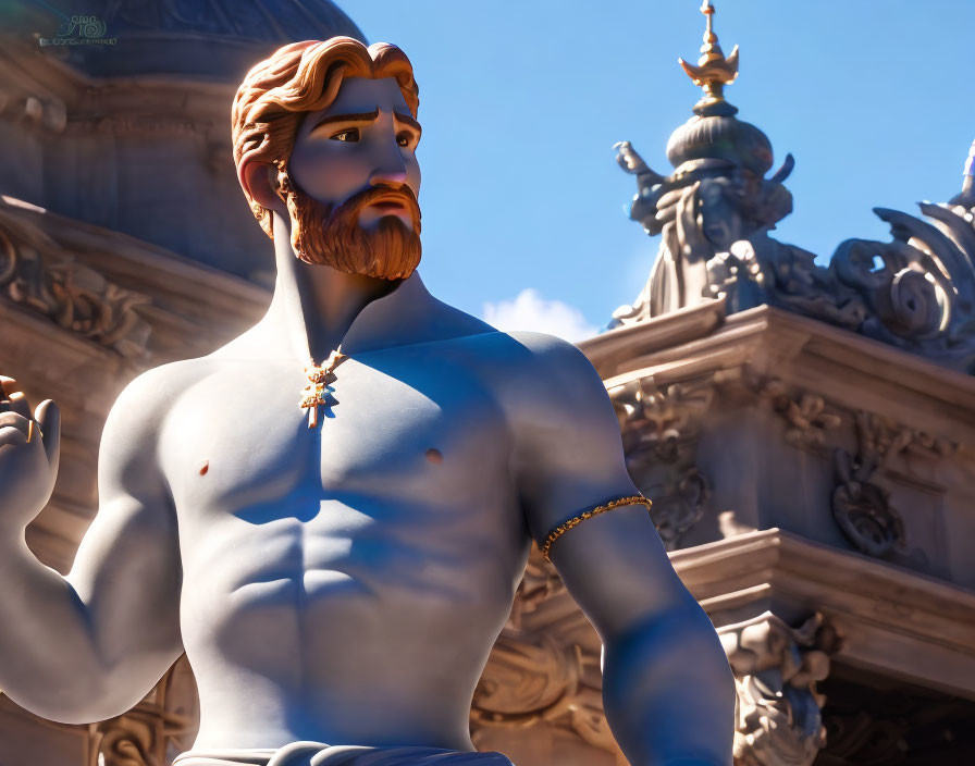 Muscular man with golden beard in 3D animation with classical building.