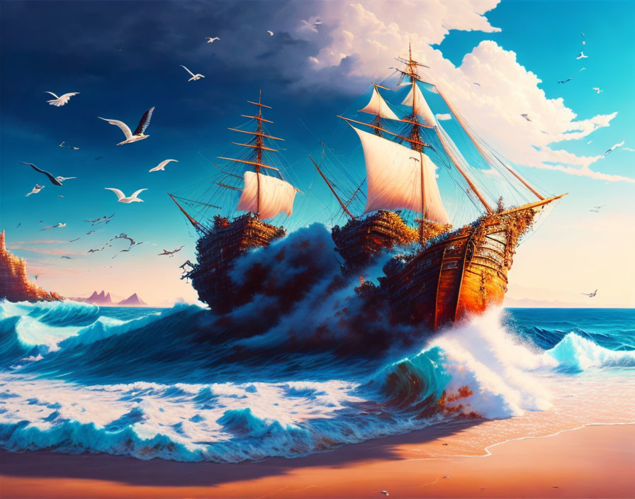 Majestic sailing ship in turbulent seas with billowing sails and seagulls against vivid sunset sky