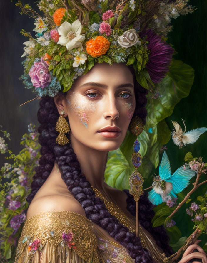 Woman with Floral Headdress and Gold Jewelry Surrounded by Butterflies