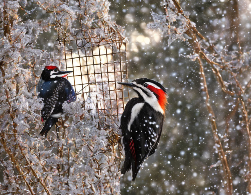 Woodpeckers on suet feeder in gentle snowfall with frost-covered branches