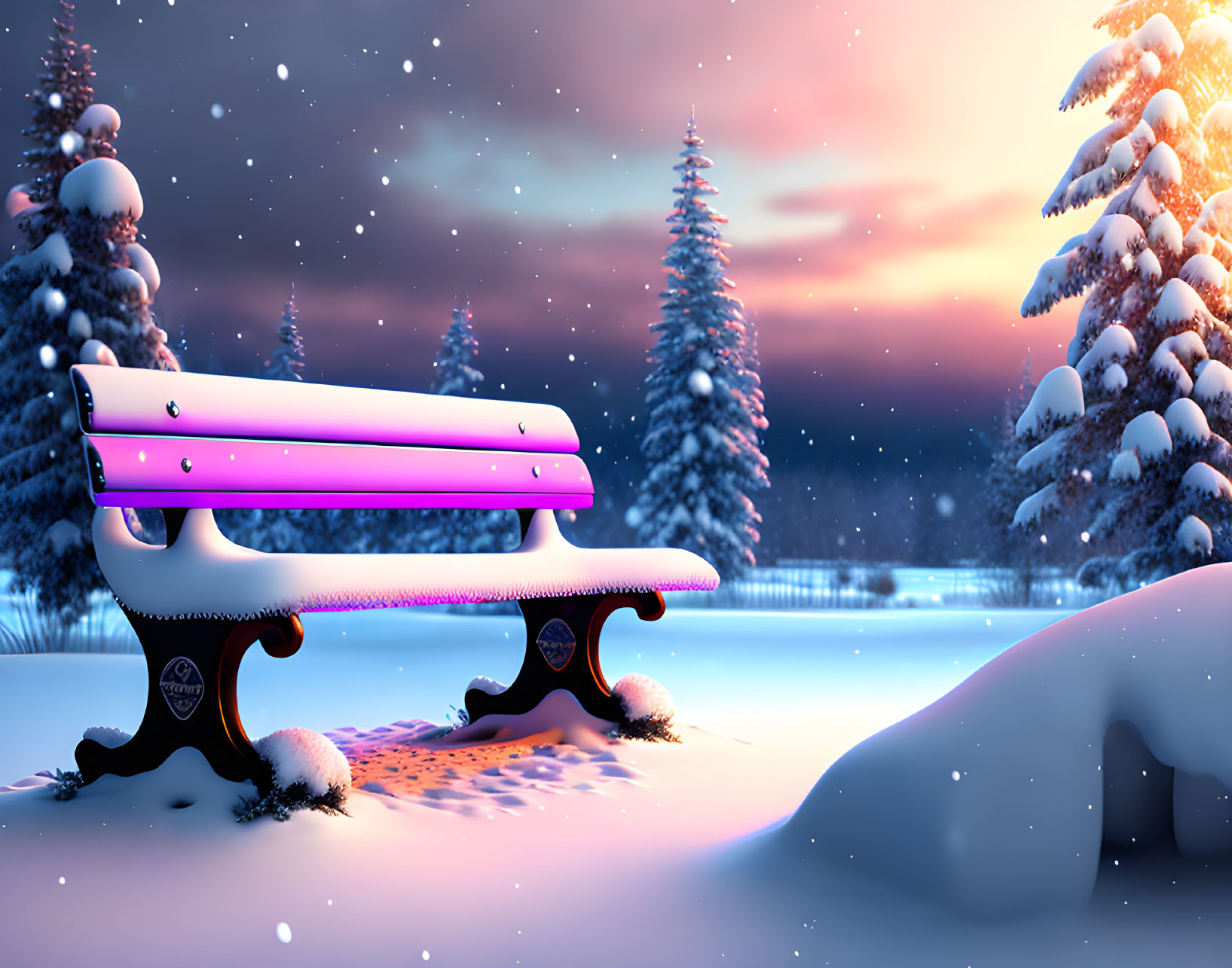 Snowy landscape with neon-lit park bench at dusk