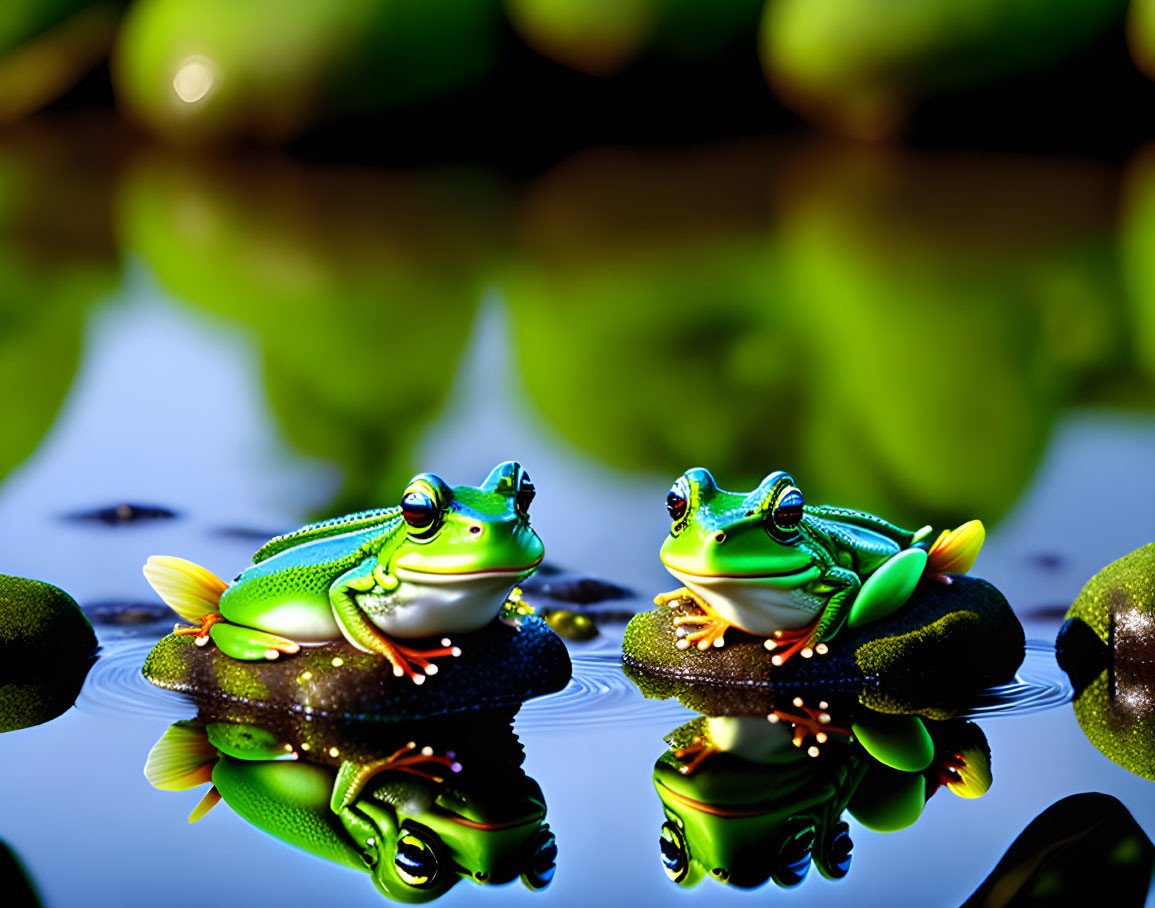 Vibrant green frogs with orange feet on rocks above water with reflections