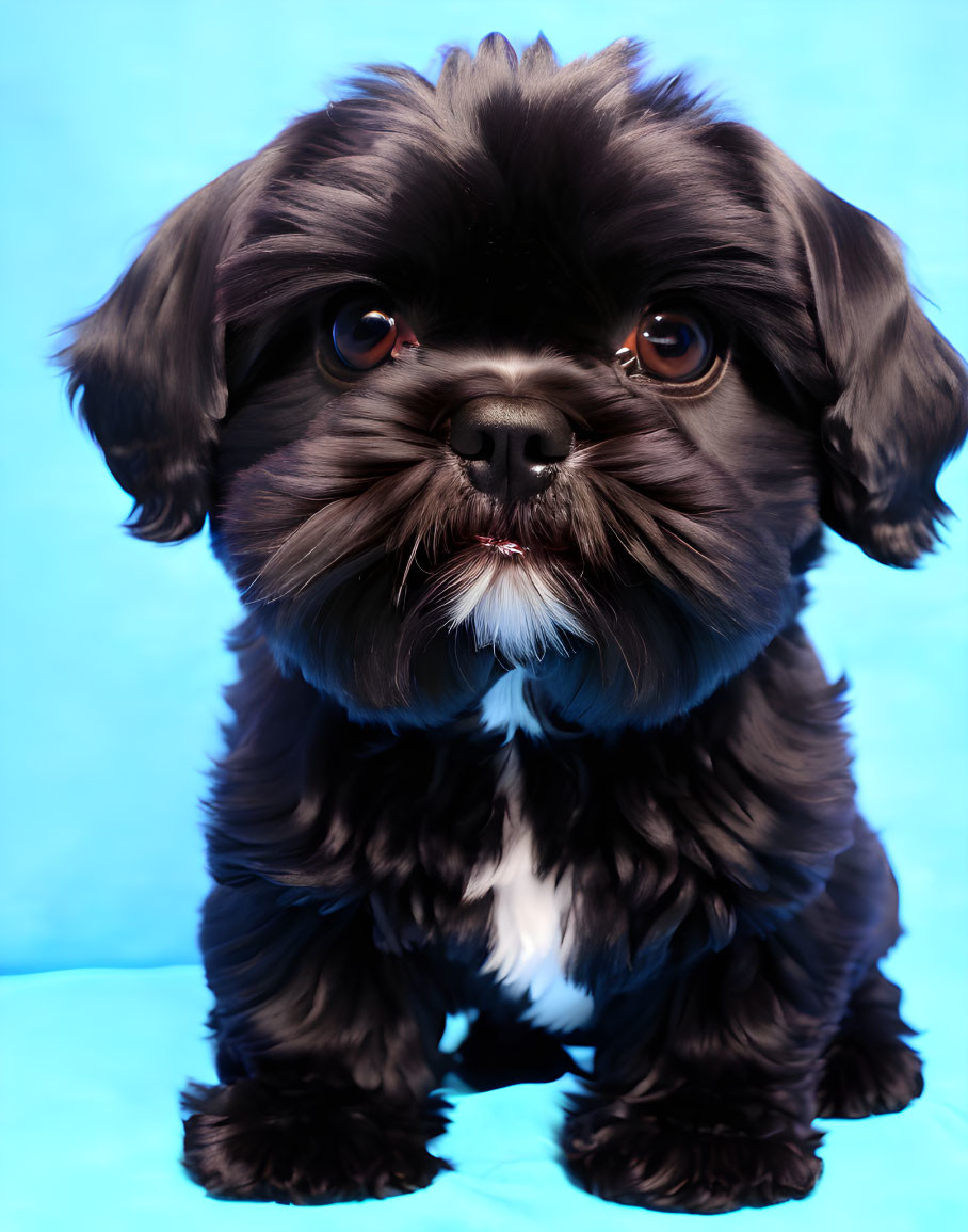 Black Shih Tzu puppy with brown eyes on blue background