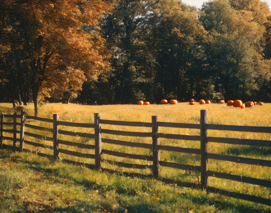 Rustic wooden fence with pumpkins in autumn field.