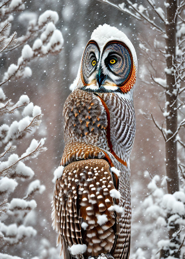 Snowy scene: Owl on branch amid falling snowflakes