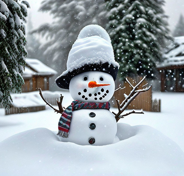 Snowman with black hat, carrot nose, scarf, and stick arms in snowy scene