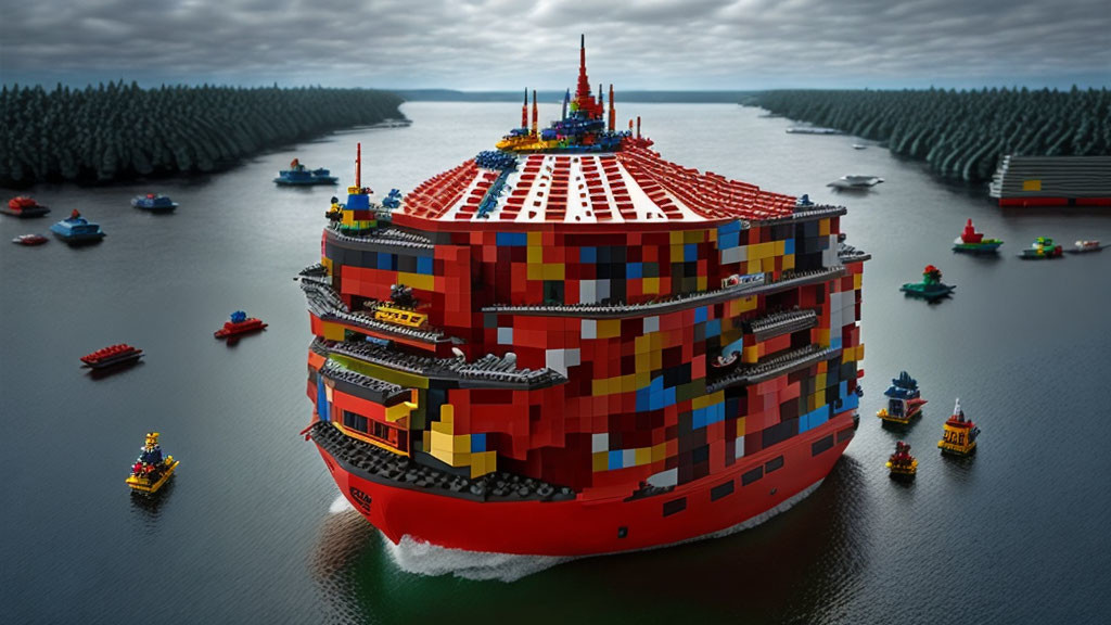 Colorful Lego-like Ship Surrounded by Small Boats on Water