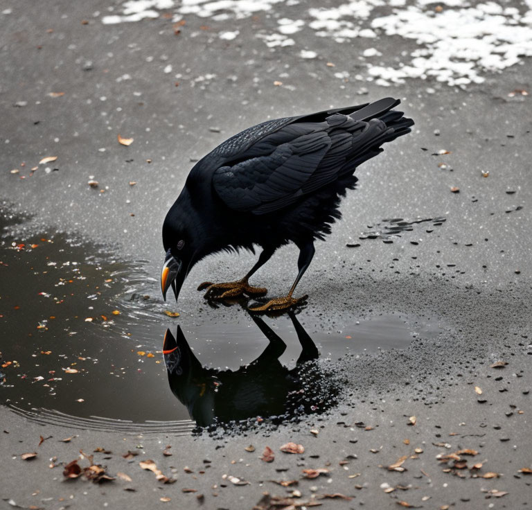 Black crow pecking at reflection on wet surface with autumn leaves.