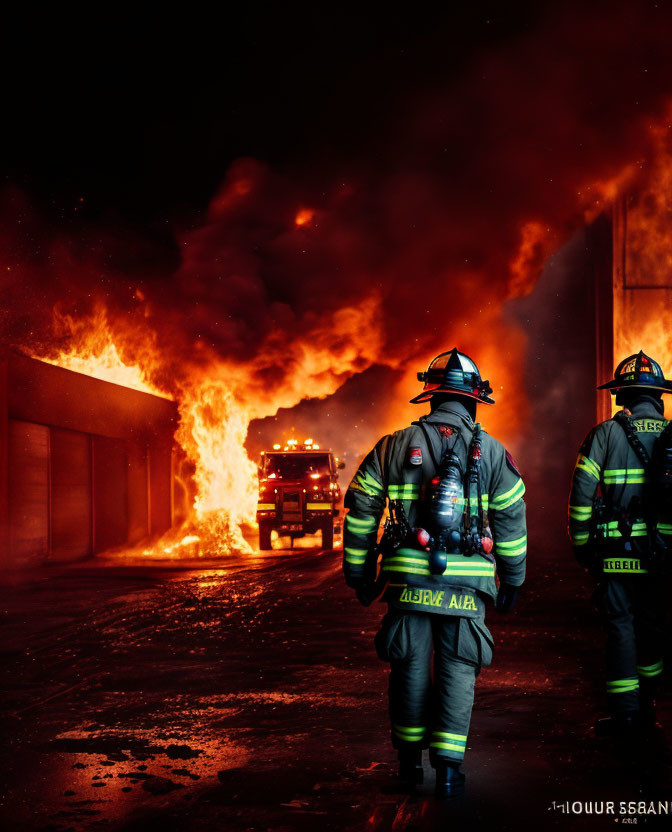 Firefighters in gear battle night blaze with fire truck.