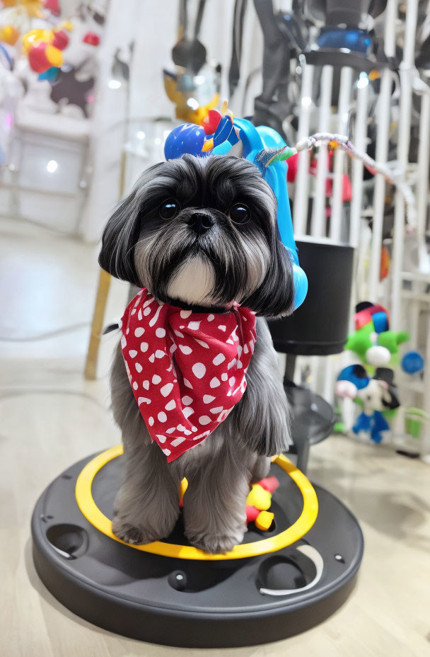 Fluffy Gray and White Dog with Red Bandana and Blue Bow on Toy