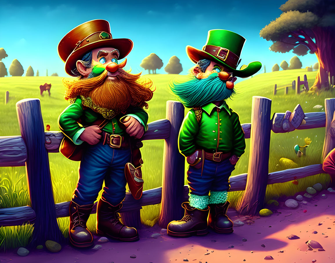 Vibrant leprechaun characters in green outfits by wooden fence