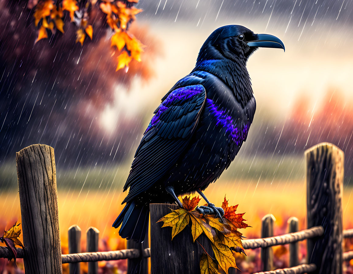 Iridescent black raven on wooden fence in rainy autumn scene