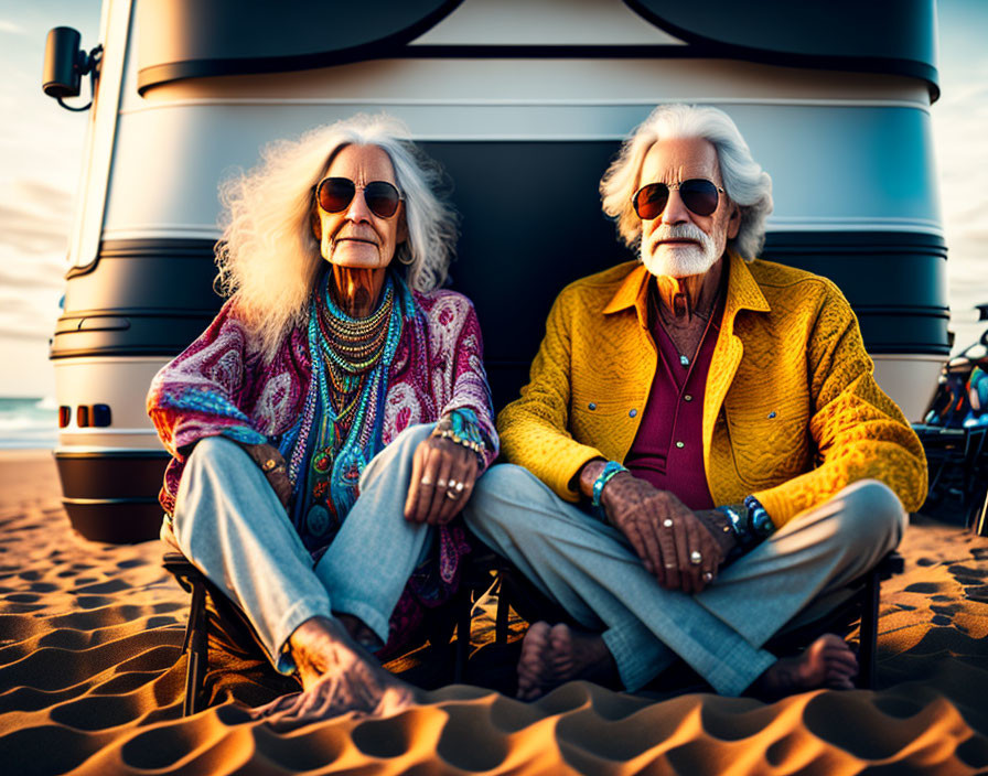 Elderly couple with stylish sunglasses at sunset by camper van