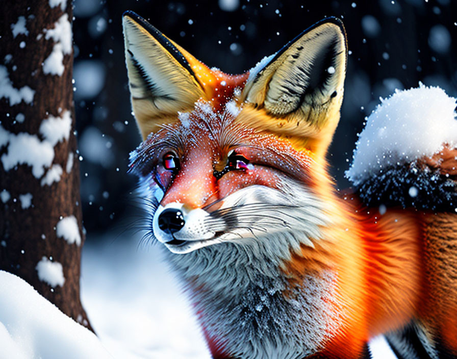 Red Fox in Snowy Setting with Falling Snowflakes