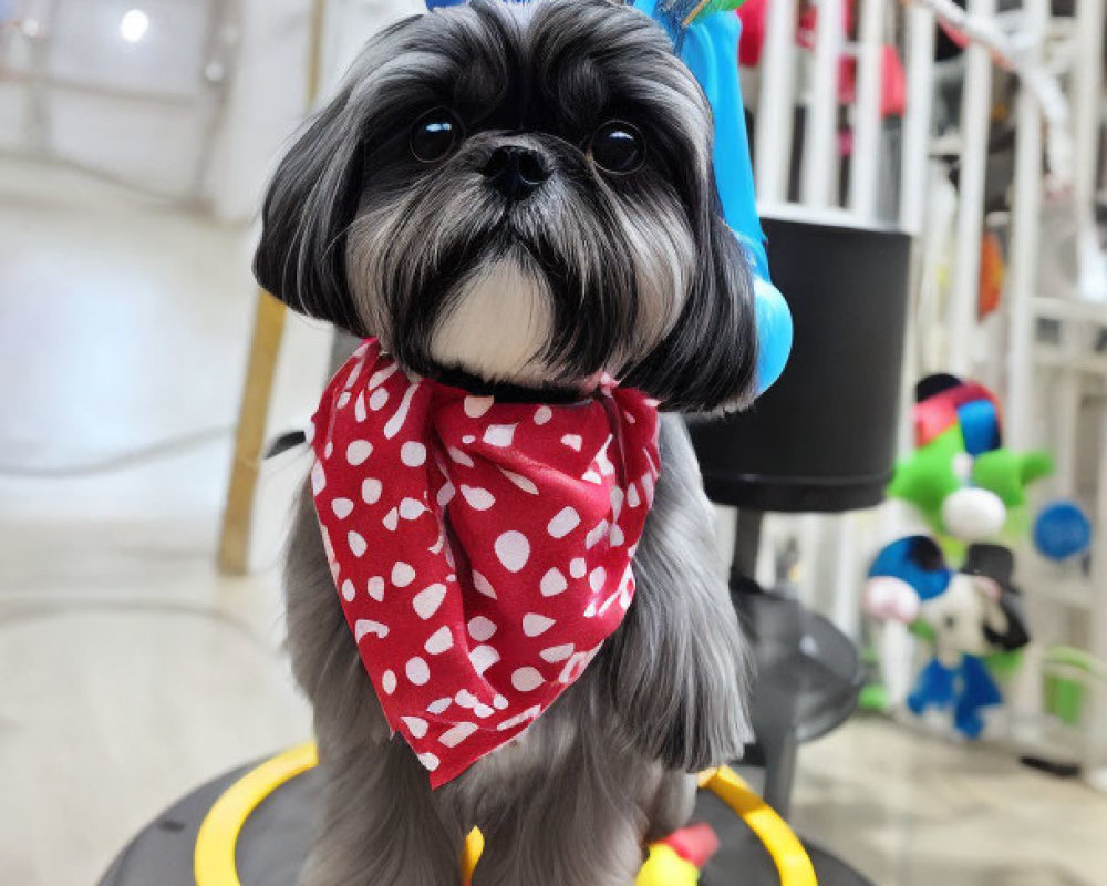 Fluffy Gray and White Dog with Red Bandana and Blue Bow on Toy