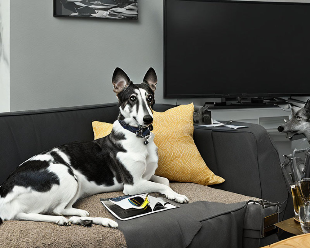 Black and white dog with unique markings on grey sofa beside TV and drinks.