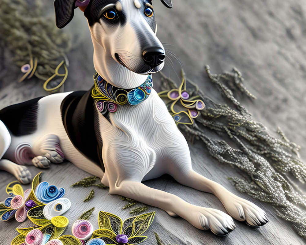 Detailed digital illustration of a black and white dog with multicolored paper quilling collar and vibrant paper