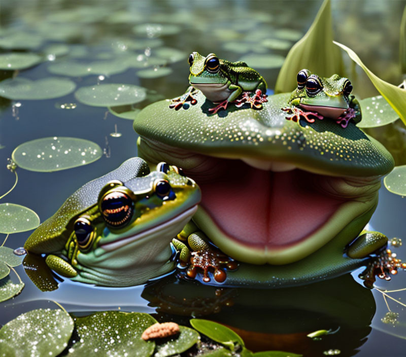 Colorful Cartoon Frogs on Lily Pads Over Reflective Water