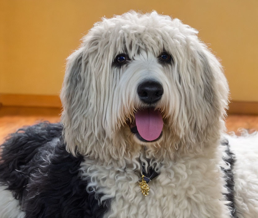 Fluffy Black and White Old English Sheepdog with Tongue Out on Yellow Background