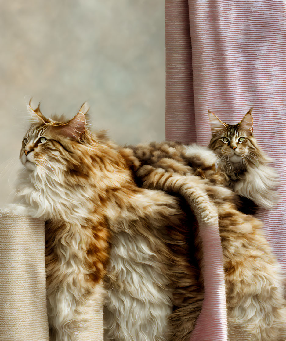 Fluffy Maine Coon Cats on Cat Tree with Pink Curtain