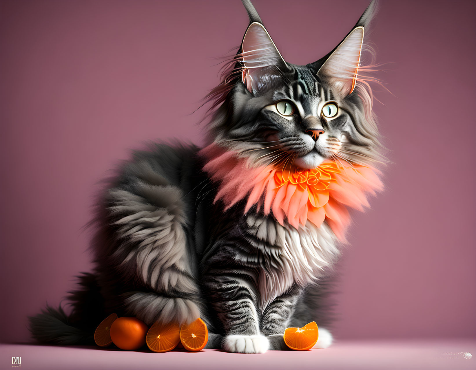 Fluffy Grey Cat with Orange Slice Ears and Ruffle Collar on Pink Background