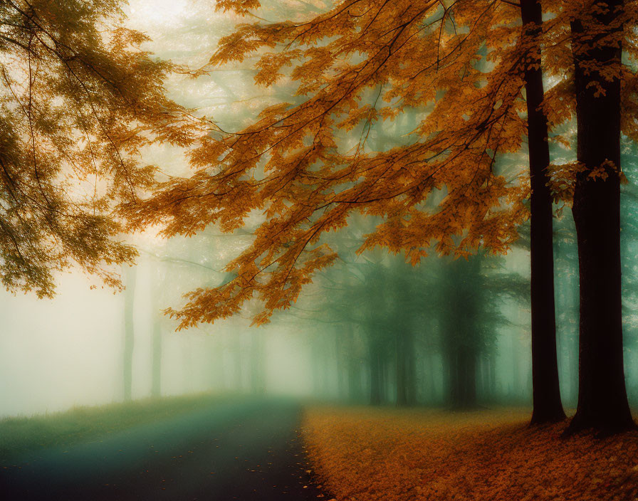 Misty forest with vibrant orange leaves and ethereal fog