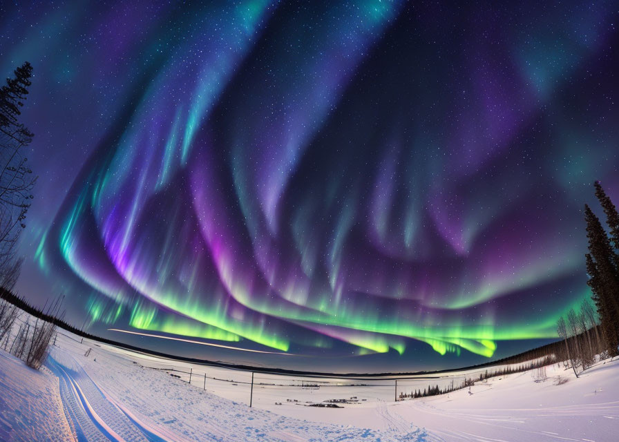 Colorful Northern Lights Dance Over Snowy Landscape