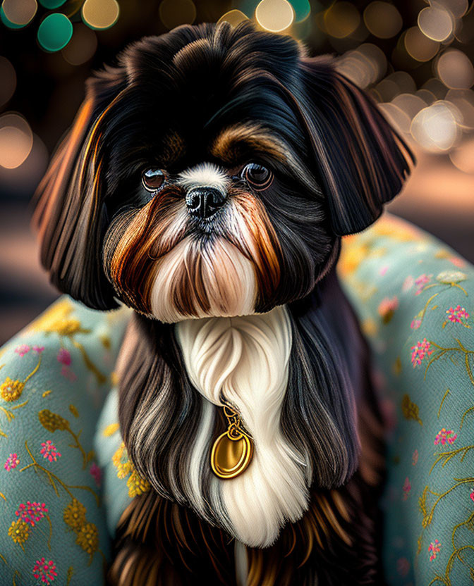 Elegant Shih Tzu with Big Eyes and Gold Pendant on Soft Background