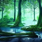 Tranquil misty lake in lush green forest with moss-covered trees