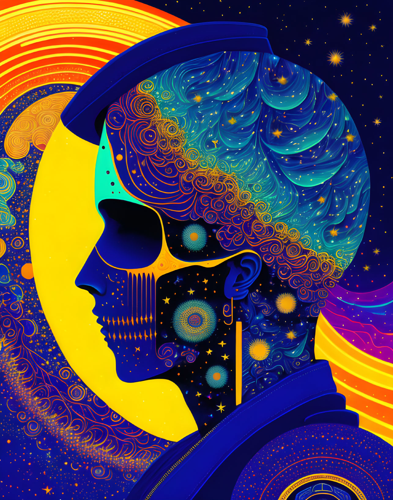 Vibrant cosmic profile illustration with celestial backdrop