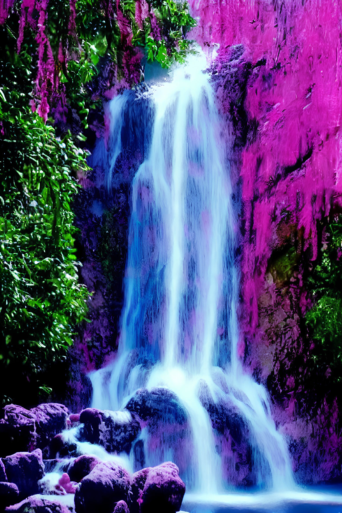 Surreal neon pink foliage waterfall with bright blue water