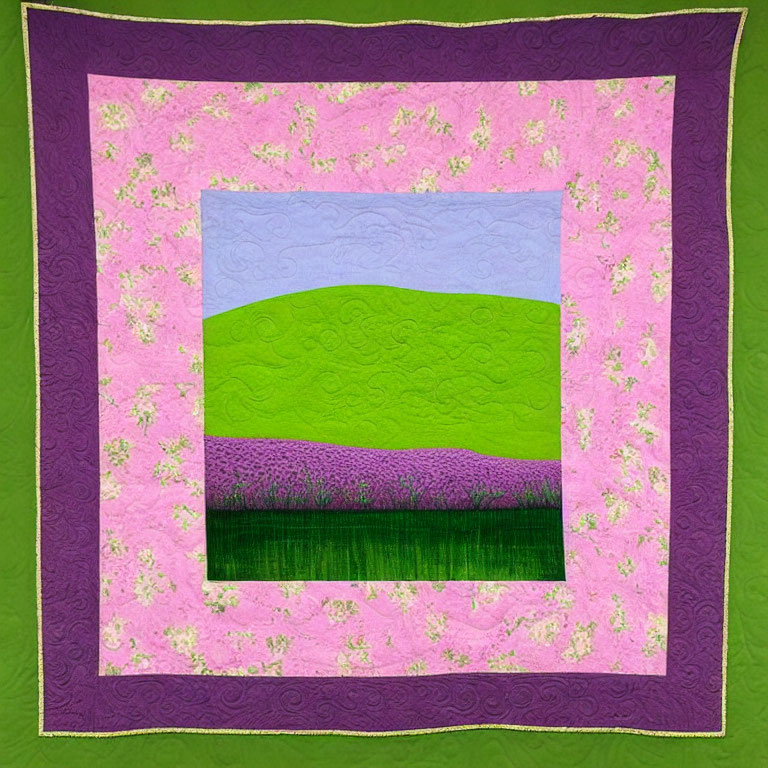 Colorful Quilt with Geometric Landscape and Floral Borders