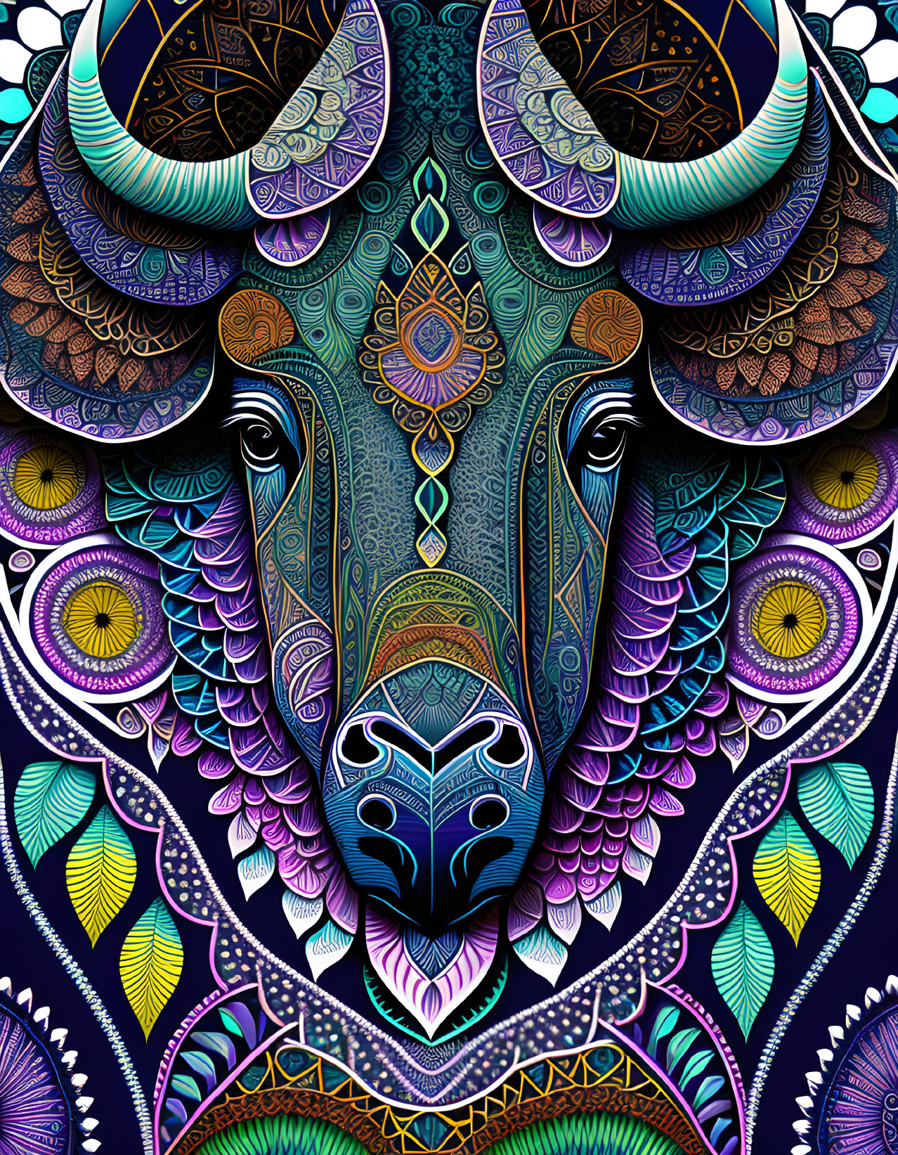 Colorful Stylized Bull Artwork with Mandala Motifs