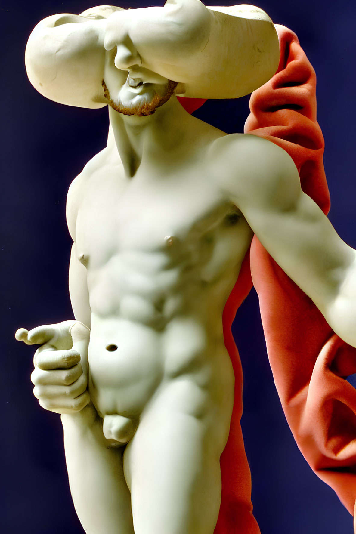 Muscular nude male sculpture with red cloth, dynamic pose.