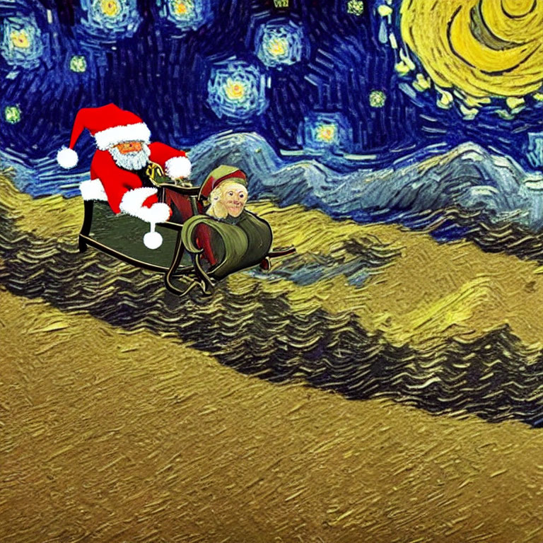 Santa Claus in sleigh flying through Starry Night painting by Vincent van Gogh