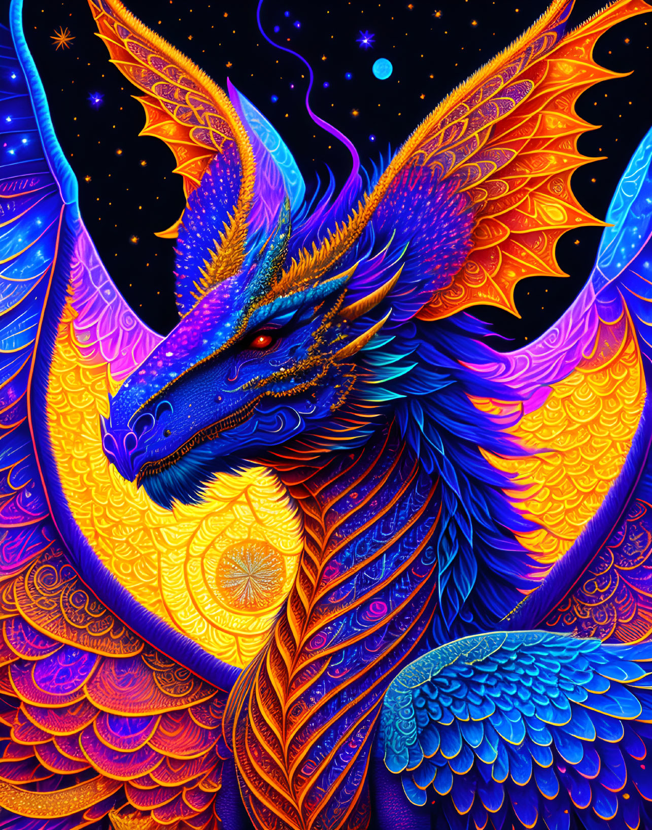 Colorful Dragon Illustration with Cosmic Background