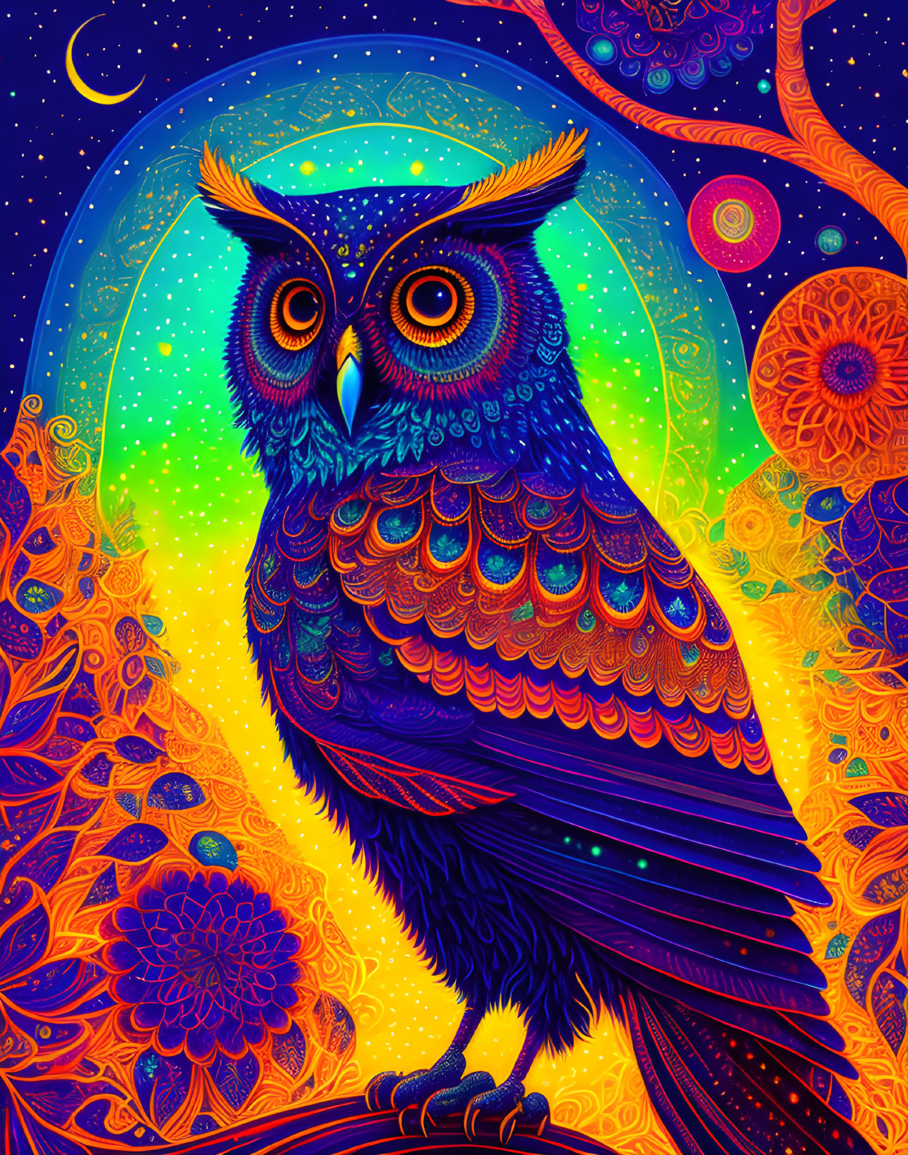 Colorful Psychedelic Owl Illustration with Celestial Motifs