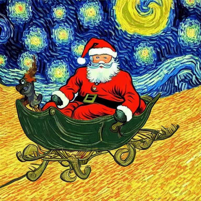 Santa Claus and reindeer in Starry Night style sleigh.