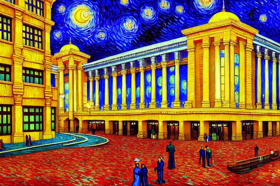 Illustration of plaza with classical architecture under Starry Night sky