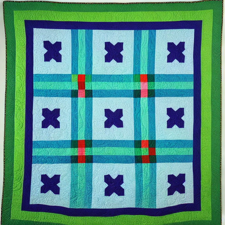 Blue Square and X Pattern Quilt with Green Borders and Red Stripes