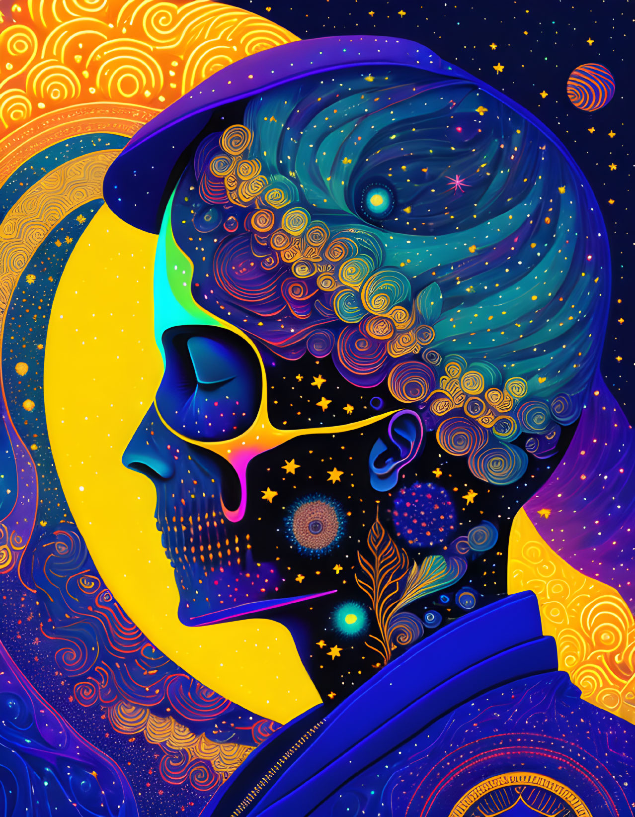 Illustration: Human profile merges with cosmic patterns, starry sky, moon, and sun motifs.