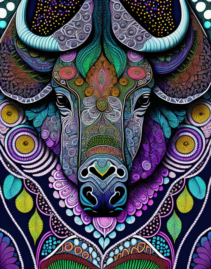 Colorful Bull's Head Illustration with Intricate Patterns and Textured Details