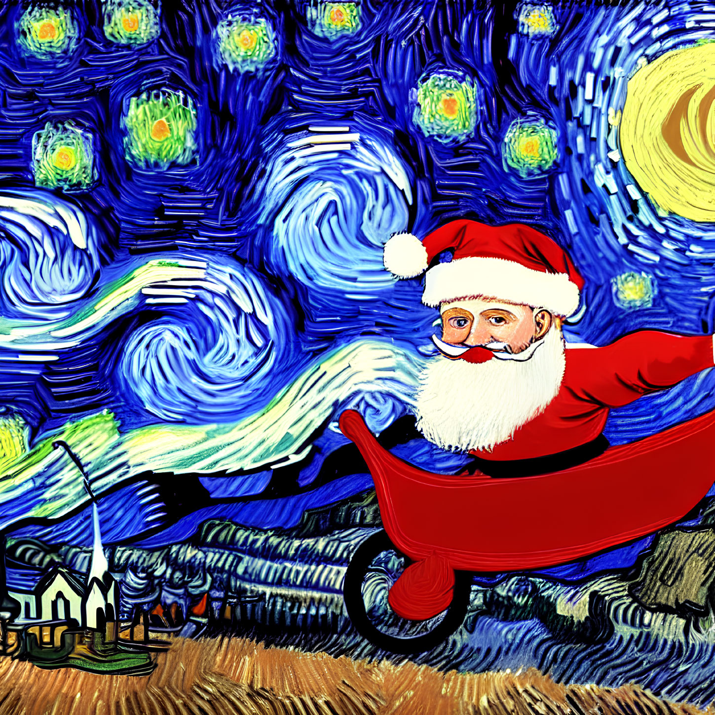 Santa Claus on sleigh in Van Gogh's Starry Night inspired scene