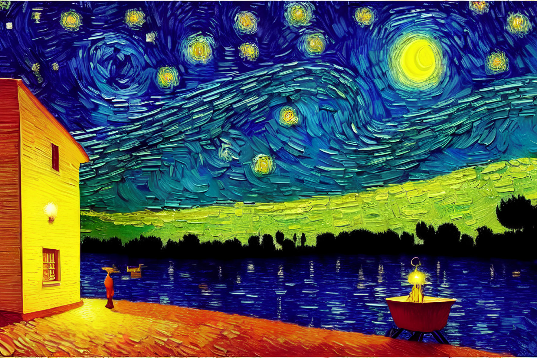 Digital artwork resembling Starry Night with yellow house, person, water body, and boat.