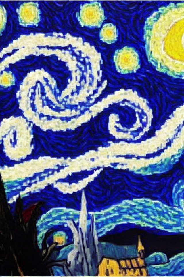 Blue and Yellow Night Sky Painting in Post-Impressionist Style