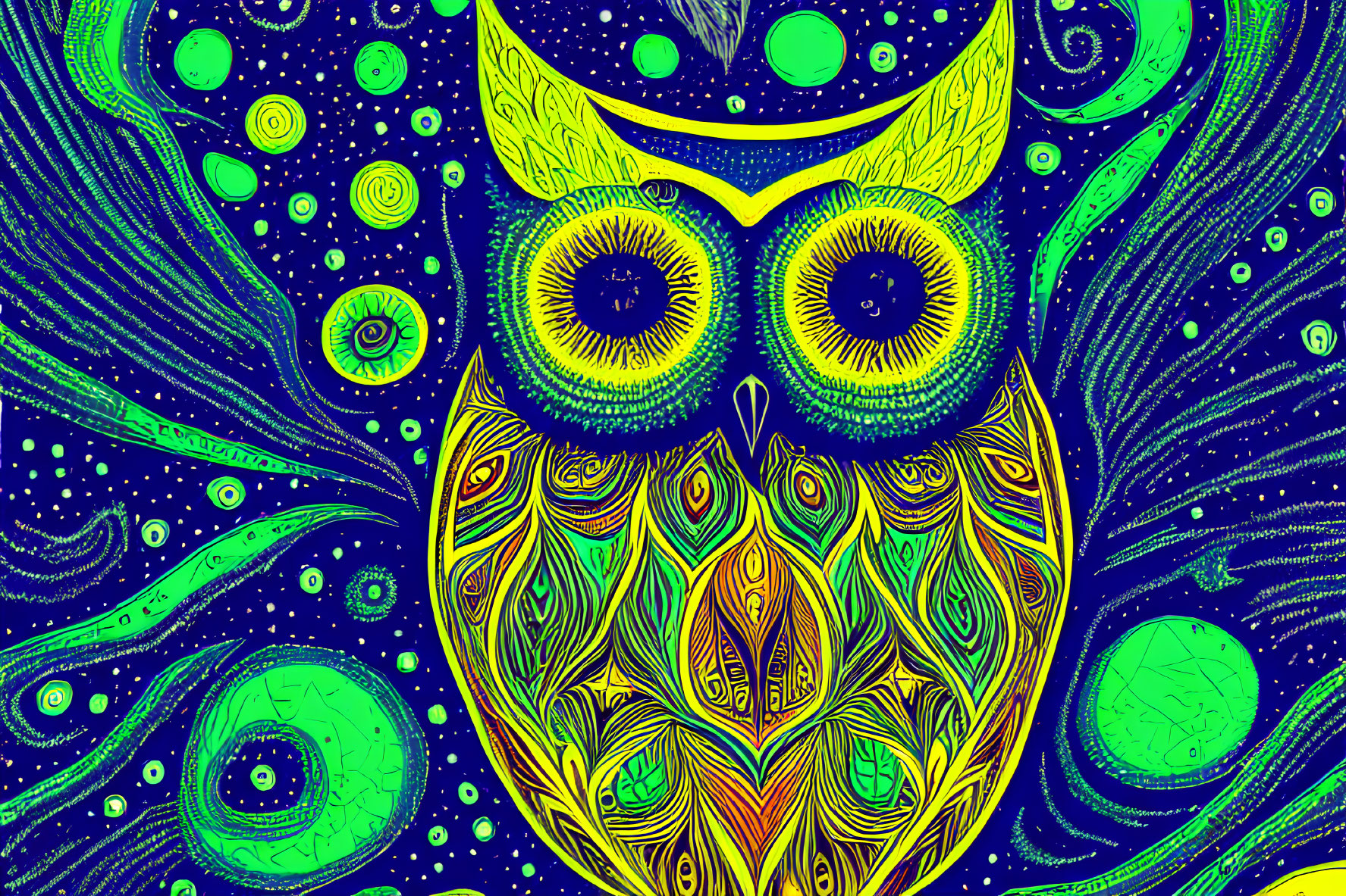 Colorful Psychedelic Owl Illustration with Cosmic Background